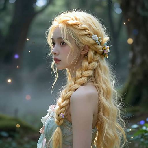 Photograph-style CGI of a pale, young woman with long, blonde braided hair adorned with flowers, wearing a white, strapless dress, standing