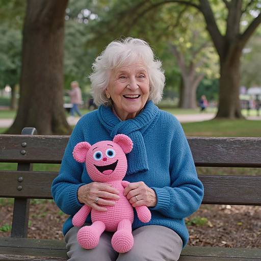 Photograph of an elderly woman with white curly hair, wearing a blue knit sweater, smiling while holding a pink, textured teddy bear on a wooden