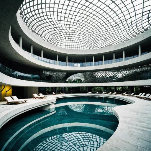 Modern Museum with Curved Concrete and Reflecting Pools