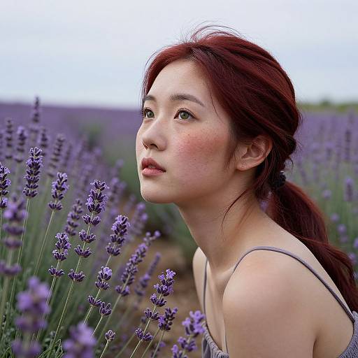 Digital photograph of an Asian woman with red hair, fair skin, and freckles, gazing upwards in a lavender field.