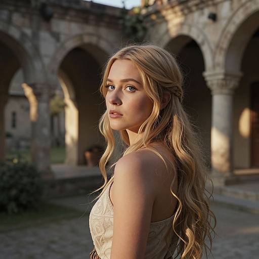 Photograph of a blonde woman with long wavy hair, wearing a lace dress, standing in a sunlit, ancient stone courtyard with arched columns