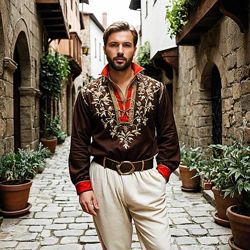 Renaissance-Inspired Man in Alleyway