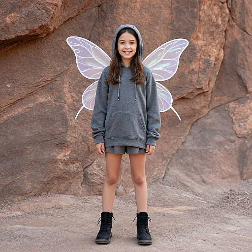 Photograph of a young Asian girl with long brown hair, wearing a gray hoodie, mini skirt, black boots, and glowing white fairy wings, standing