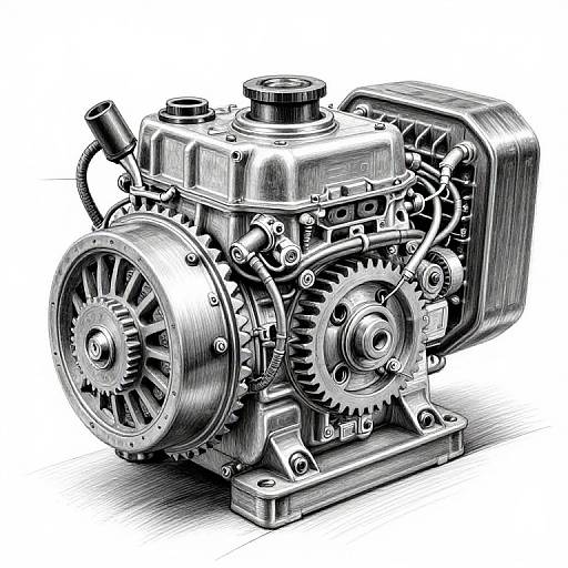 Detailed black and white digital illustration of a complex industrial engine with visible gears, cylinders, and metallic textures, showcasing intricate mechanical details and precise shading.