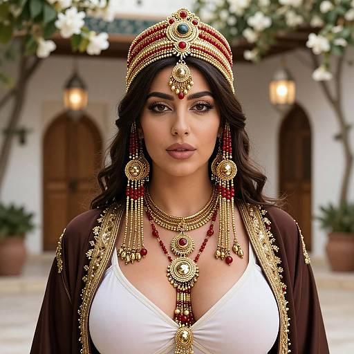 Photograph-style digital art of a beautiful South Asian woman with dark hair, wearing elaborate gold and red jewelry, white top, and brown embroidered robe,