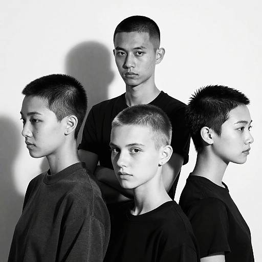 Black-and-white photograph of four young Asian boys with spiked hair, wearing black t-shirts, standing in profile against a white background.