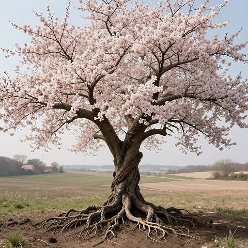 Blossoming Tree with Exposed Roots in Open Field