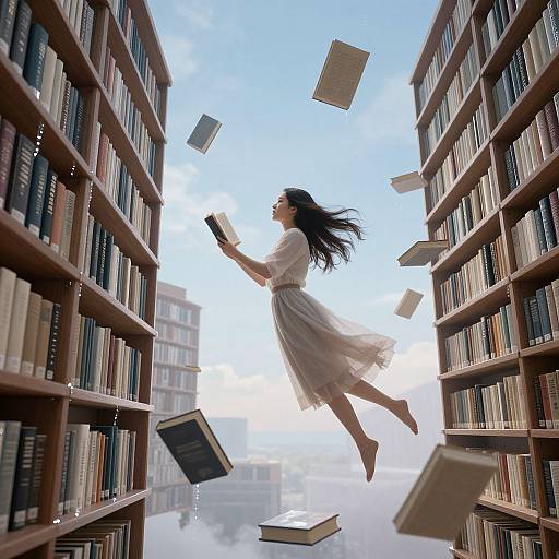 Digital artwork: A long-haired woman in a white dress, floating between two towering bookshelves, books flying around her, under a bright blue sky