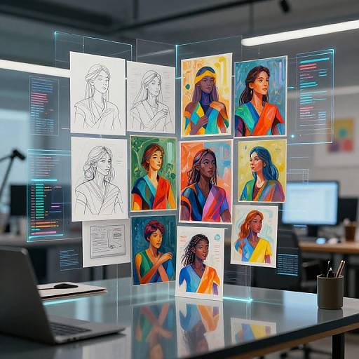 Digital art studio scene: color and black-and-white sketches of diverse women in vibrant outfits, floating on a modern desk with glowing code and monitors in the