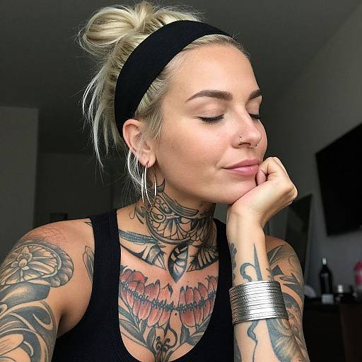 Tattooed Blonde Woman in Contemplation