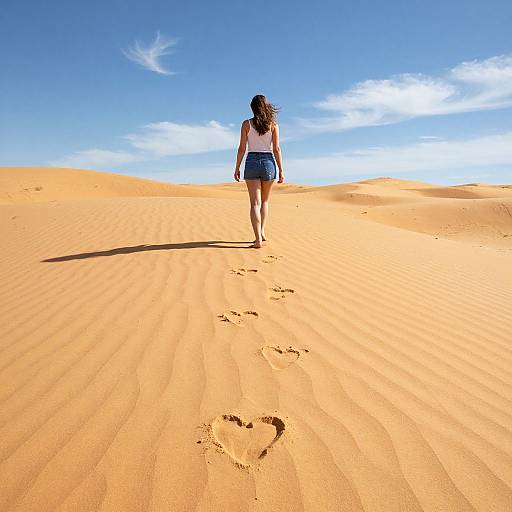 Photograph of a woman with long brown hair, wearing a white tank top and blue shorts, walking alone in a vast, sunny desert with orange sand