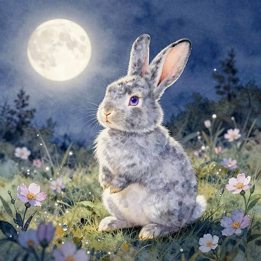 Photograph of a fluffy, gray and white rabbit with purple eyes, sitting under a bright full moon in a moonlit meadow filled with white d