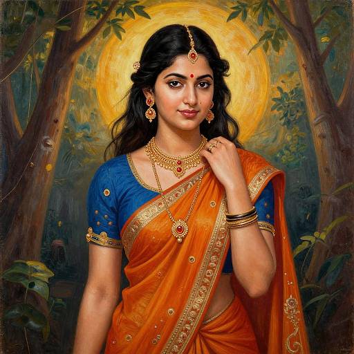 Digital painting of a beautiful Indian woman with dark hair, gold jewelry, orange and blue sari, standing in a forest, halo illuminated behind her.
