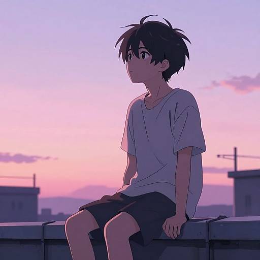 Anime-style digital drawing of a boy with spiky black hair, wearing a white t-shirt and black shorts, sitting on a rooftop at sunset with a