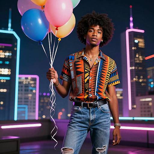 Photograph of a Black man with afro, wearing a colorful geometric shirt, ripped jeans, holding pink, blue, and yellow balloons, against a