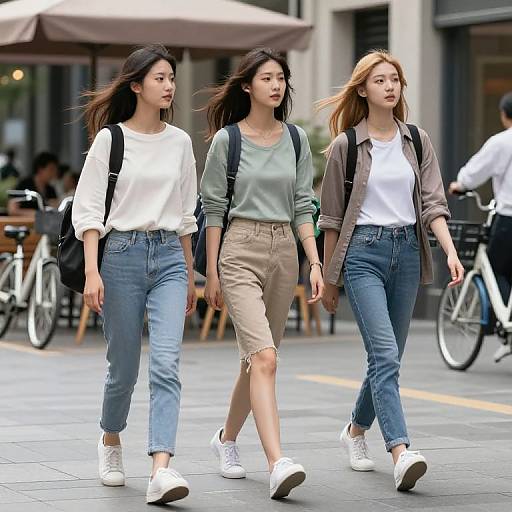 Photograph of three young Asian women walking on a city street, wearing casual white tops, blue jeans, white sneakers, and backpacks. Urban background