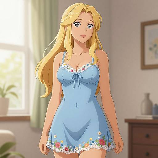 Anime-style digital drawing of a blonde woman with blue eyes, wearing a blue floral-trimmed babydoll nightie, standing in a sunlit bedroom