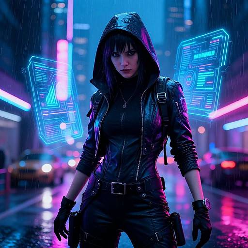 Cyberpunk woman in black leather hooded jacket with glowing blue neon wings, standing in a rainy neon-lit city street. Photorealistic digital