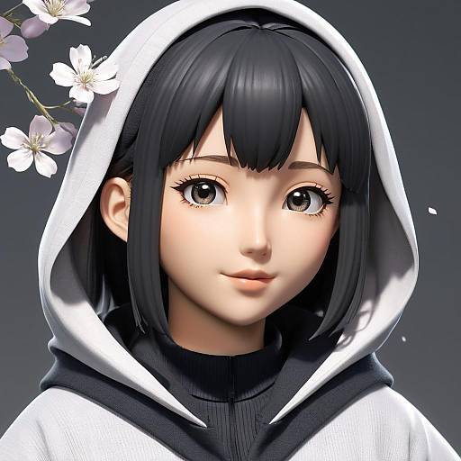 Digital anime-style portrait of a young girl with black hair, large eyes, wearing a white hooded jacket, and white cherry blossoms in the background