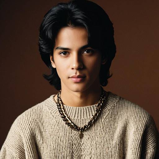 Portrait of Young Man with Black Hair and Gold Necklace