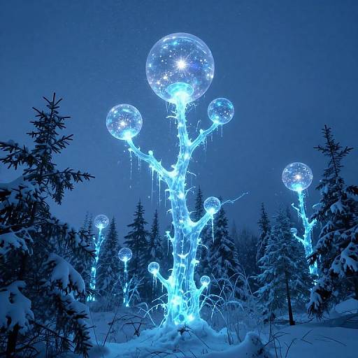 Bioluminescent Trees Under Ice Sky
