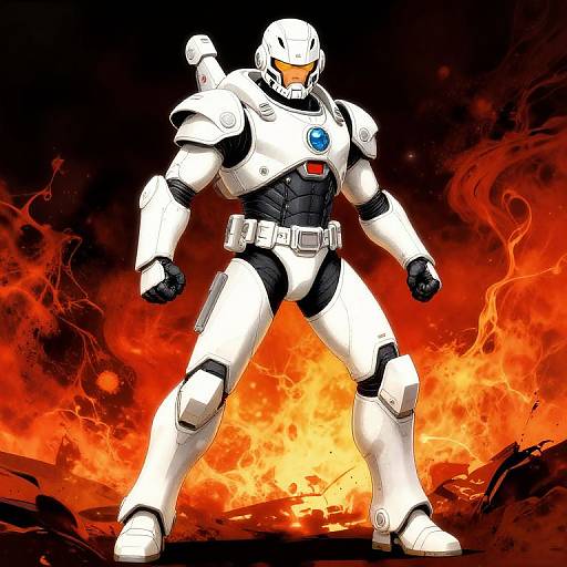 Digital art of a white, futuristic, armored robot with blue and red accents, standing confidently against a fiery, orange-red background.