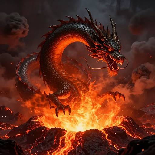 Digital illustration of a fierce, black dragon with glowing red eyes and sharp horns, standing on a fiery volcanic mountain, surrounded by dark, smoky clouds
