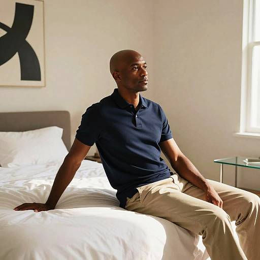 Relaxed man sitting on bed in contemporary bedroom