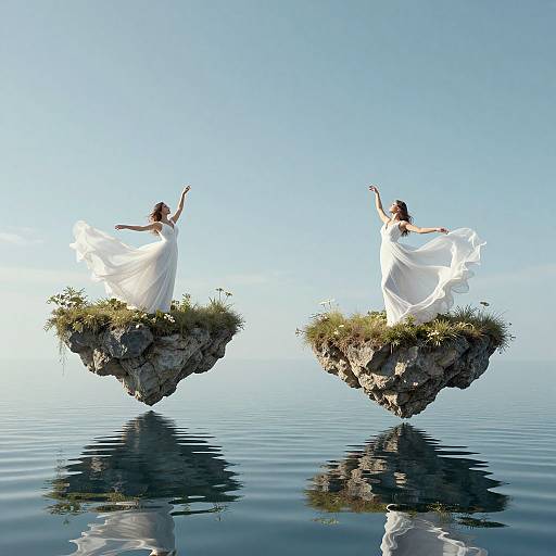 Two ethereal women in flowing white dresses dance on floating rock islands above calm water, with reflections below, against a clear blue sky. Digital artwork.