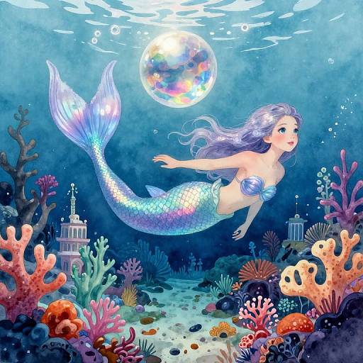 Digital illustration of a silver-haired mermaid with a shimmering tail, floating in a vibrant underwater scene with colorful corals, a sunken ship,