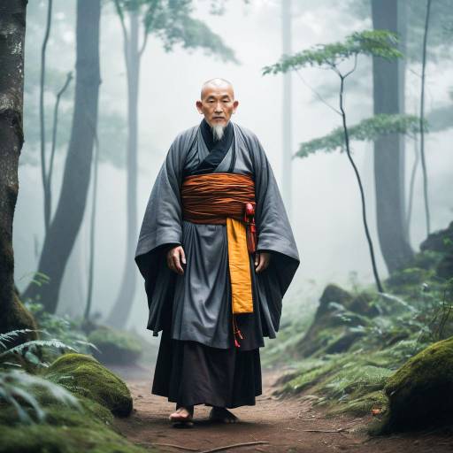 Elderly Monk in Misty Forest Scene Elderly Monk in Misty Forest Scene