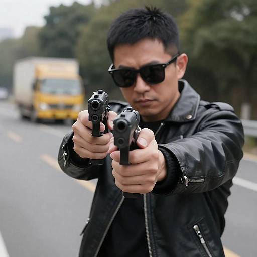 Man in Leather Jacket Aiming Guns