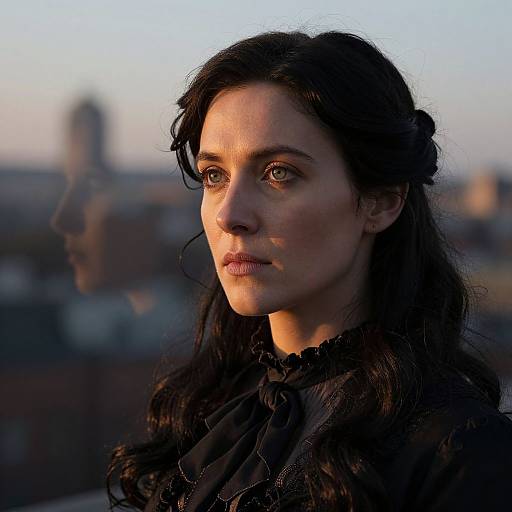 Photograph of a young woman with fair skin, dark hair in an updo, Victorian-style black lace dress, gazing solemnly into the distance