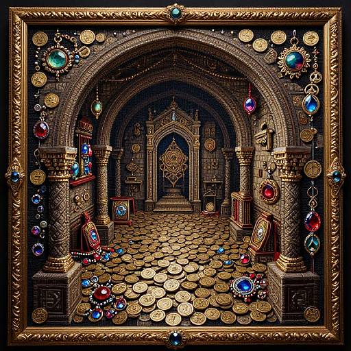 Detailed digital artwork of a richly adorned, medieval-style treasury room with golden coins, colorful gemstones, intricate archways, and ornate framed entrance