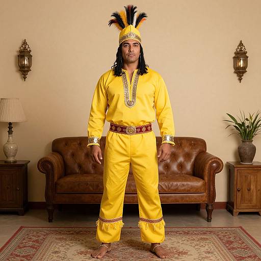 Photograph of a man with medium brown skin, black dreadlocks, wearing a yellow Native American-style outfit with feathered headpiece, standing in a