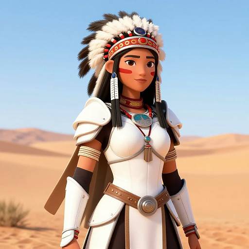 Digital art of a Native American woman in white armor, red face paint, feathered headdress, desert background, clear blue sky.