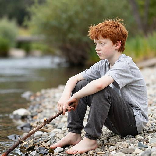 Young Boy on Riverbank with Stick