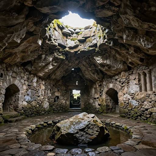 Photograph of a dimly-lit, ancient stone cavern with a central water-filled well, moss-covered rocks, arched doorways, and a