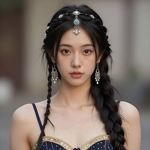 Photograph of an Asian woman with long black braids, wearing a black and gold dress, adorned with intricate headpiece and earrings, standing against a