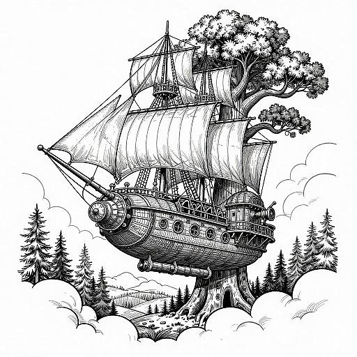 Intricate Steampunk Airship Coloring Page