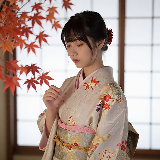Photograph of a Japanese woman with fair skin and black hair in a floral kimono, adjusting her pink obi, against a bright window with autumn