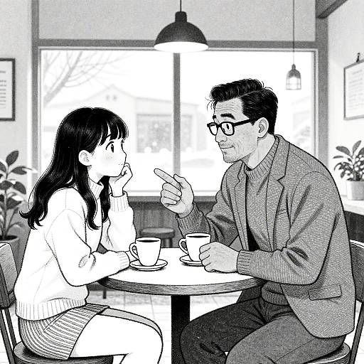 Black-and-white digital drawing of an older man in a suit, glasses, and sweater, pointing at a young woman with long hair, sitting at a