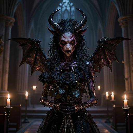 Digital art of a dark, demonic woman with black horns, wings, and a skeletal face, standing in a gothic cathedral illuminated by candles.