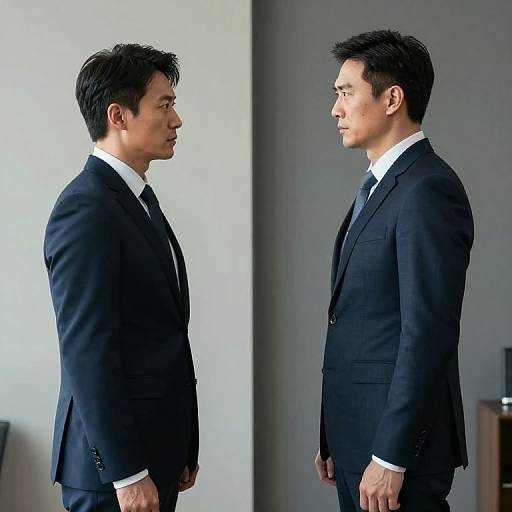 Photograph of an Asian man in a black suit, white shirt, and black tie, standing in profile against a plain gray background.