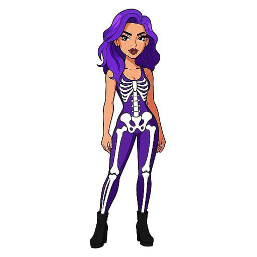 Digital illustration of a woman with purple hair, wearing a skeleton-patterned bodysuit, black boots, and standing confidently against a white background.