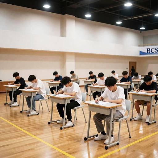 Students Taking Test in Gymnasium Scene