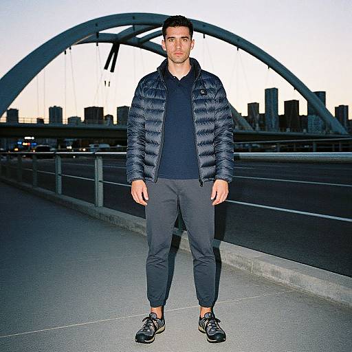 Photograph of a fit, bearded man with short dark hair, wearing a navy puffer jacket, black shirt, joggers, and sneakers,