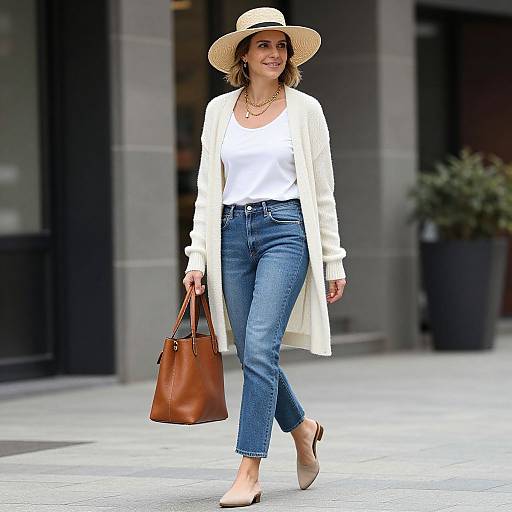 Photograph of a smiling woman in a white shirt, blue jeans, beige coat, tan hat, and brown handbag, walking outdoors.