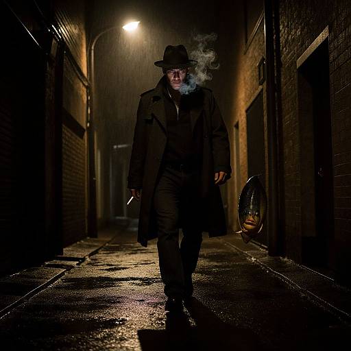 Photograph of a mysterious man in a dark trench coat and hat, smoking, walking down a wet, dimly-lit, narrow alley at night