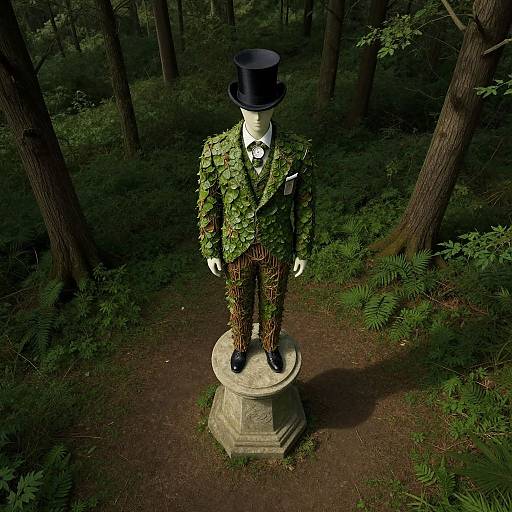 Photograph of a mannequin in a forest, dressed in a green leaf-covered suit, black top hat, white shirt, brown striped pants,